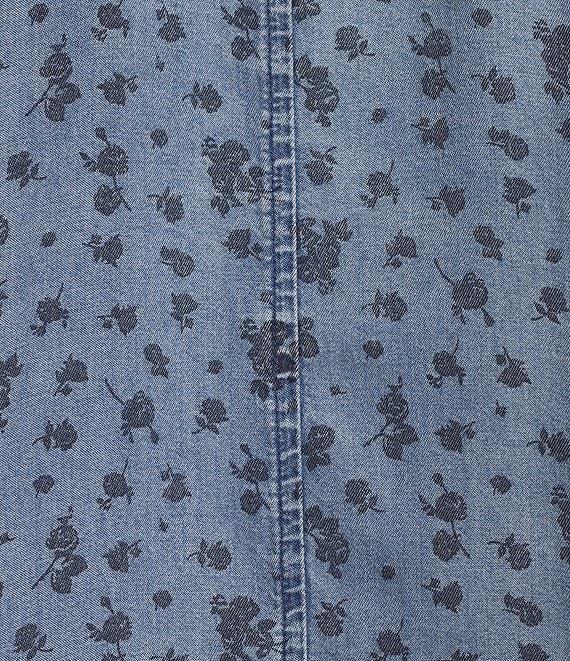 Tru Luxe Jeans Tonal Floral Chambray Point Collar Roll Tab Sleeve Button Front Shirt Product Image