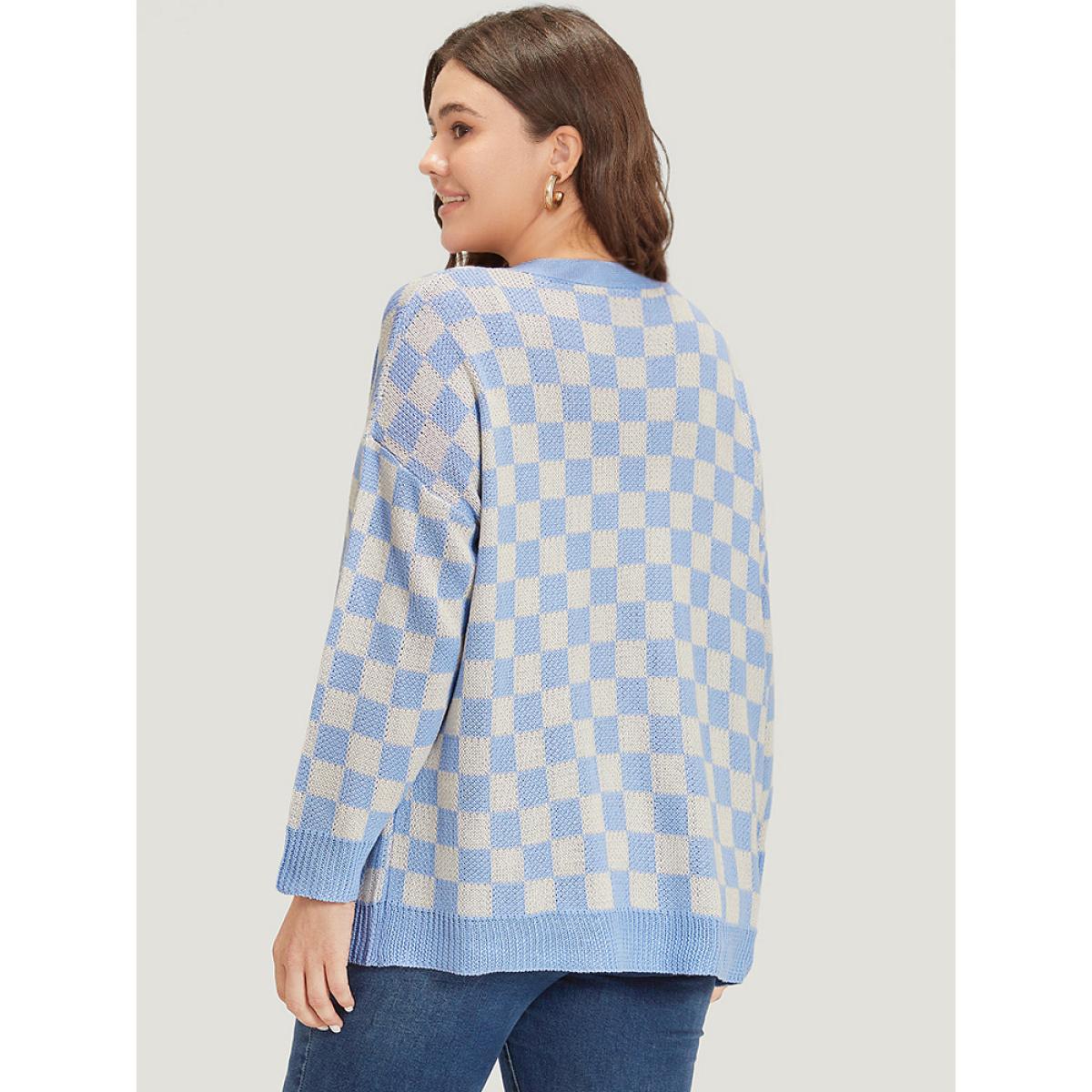 Plus Size Plaid Print Open Front Elastic Cuffs Cardigan LightBlue Women Casual Loose Long Sleeve Dailywear Cardigans BloomChic 22-24/3X Product Image