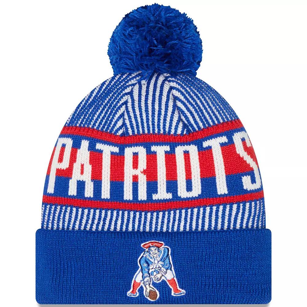 Men's New Era Royal New England Patriots Striped Cuffed Knit Hat with Pom, Blue Product Image
