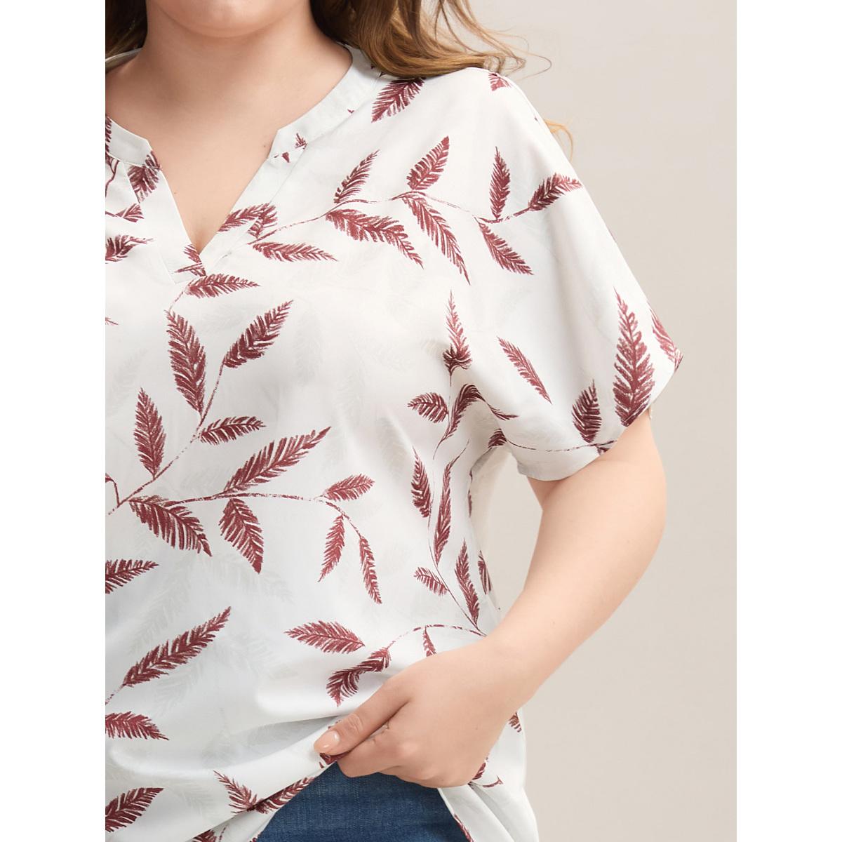 Plus Size WhiteSmoke Leaf Print Notched Collar Blouse Women Casual Short sleeve Flat collar with V-notch Everyday Blouses BloomChic 28/5X Product Image