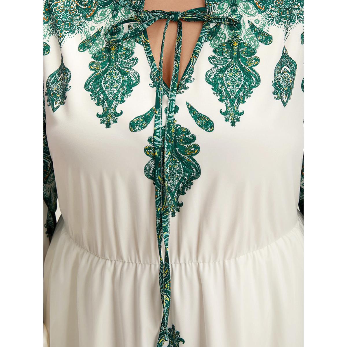 Plus Size Bandana Print Tie Neck Lantern Sleeve Dress Green Women Vacation Elastic cuffs Notched collar Long Sleeve Curvy Midi Dress BloomChic 30/6X Product Image