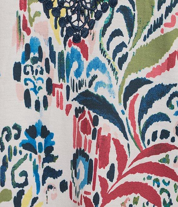 Allison Daley Flowery Ikat 3/4 Sleeve Split Round Neck Lace Detail Knit Top Product Image
