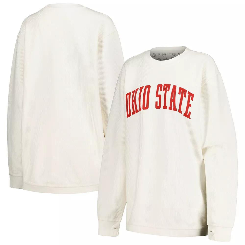 Women's Pressbox White Ohio State Buckeyes Comfy Corded Vintage Wash Basic Arch Pullover Sweatshirt,  Product Image