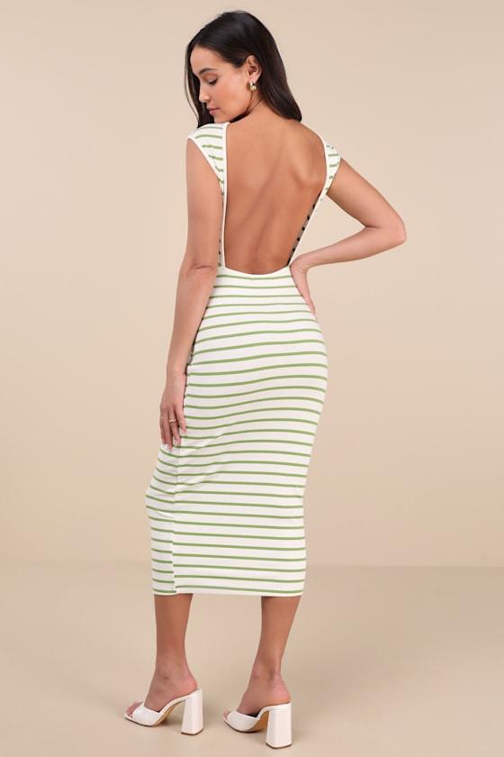 Chic Existence Ivory and Green Striped Backless Midi Dress Product Image