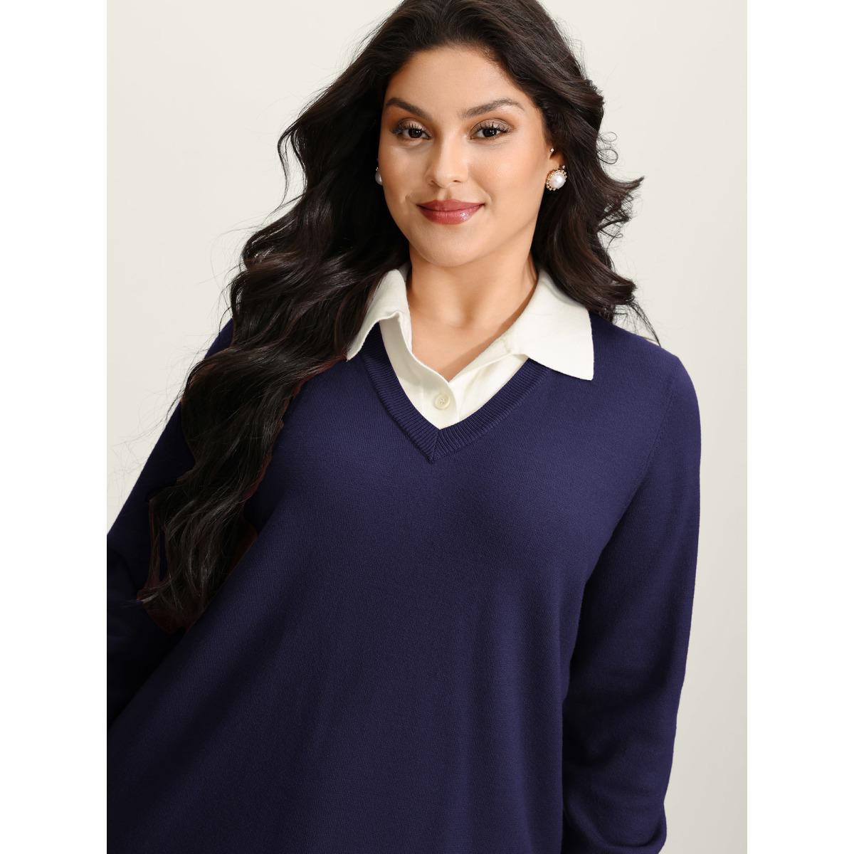 Plus Size Supersoft 2-in-1 Polo Collar Color Contrast Pullover Navy Women Office Loose Long Sleeve Polo Office Pullovers BloomChic 28/5X Product Image