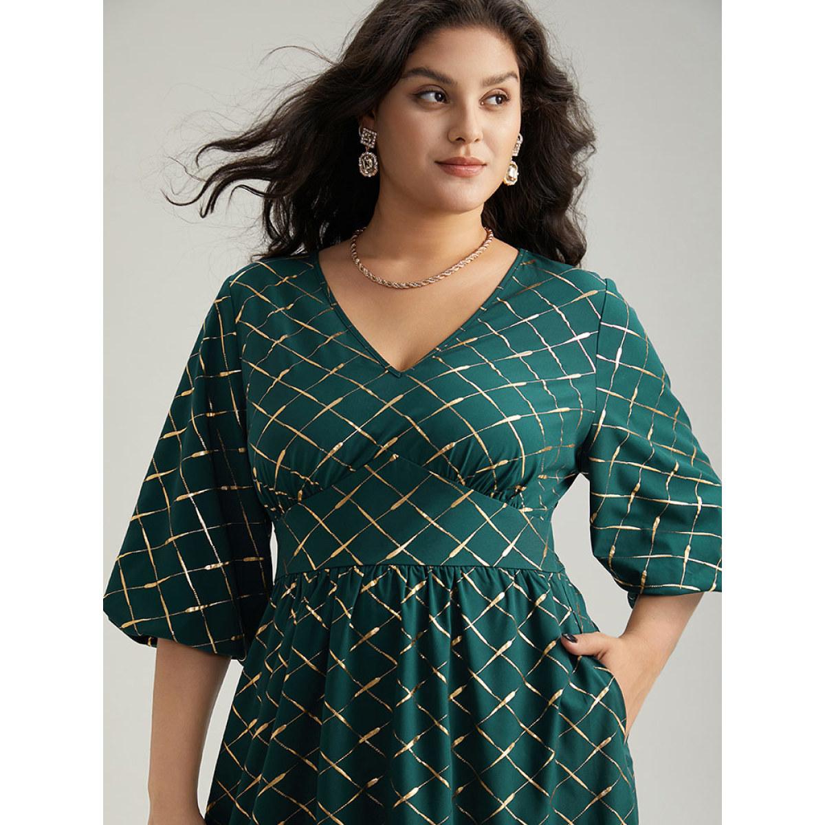 Plus Size Glitter Plaid Lantern Sleeve Ruffle Hem Dress DarkGreen Women Party Elastic cuffs V-neck Elbow-length sleeve Curvy Midi Dress BloomChic 10/M Product Image
