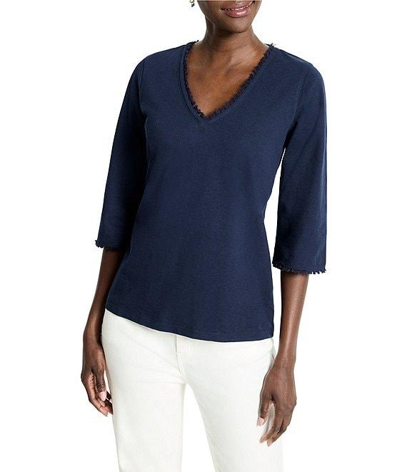 NIC + ZOE Knit V-Neck Elbow Sleeve Fringe Trim Tee Product Image