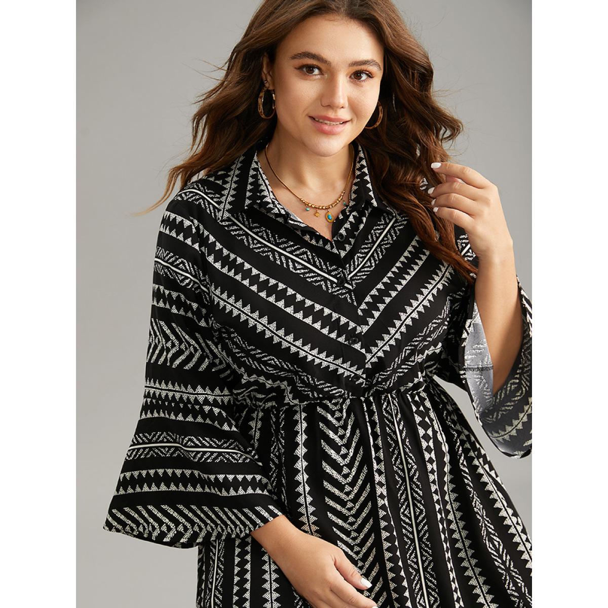 Plus Size Bandana Striped Bell Sleeve Shirt Collar Dress Black Women Casual Printed Shirt collar Elbow-length sleeve Curvy Midi Dress BloomChic 22-24/3X Product Image