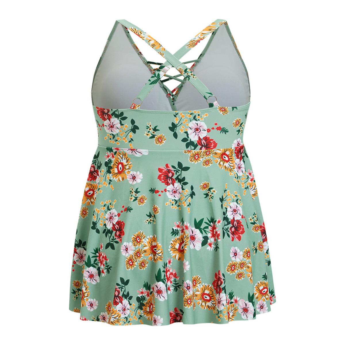 Plus Size Floral Crisscross Surplice Neck Flutter Hem Swim Dress Women's Swimwear Mint Vacation Bodycon V-neck High stretch Curve Swim Dresses BloomChic 14-16/1X Product Image