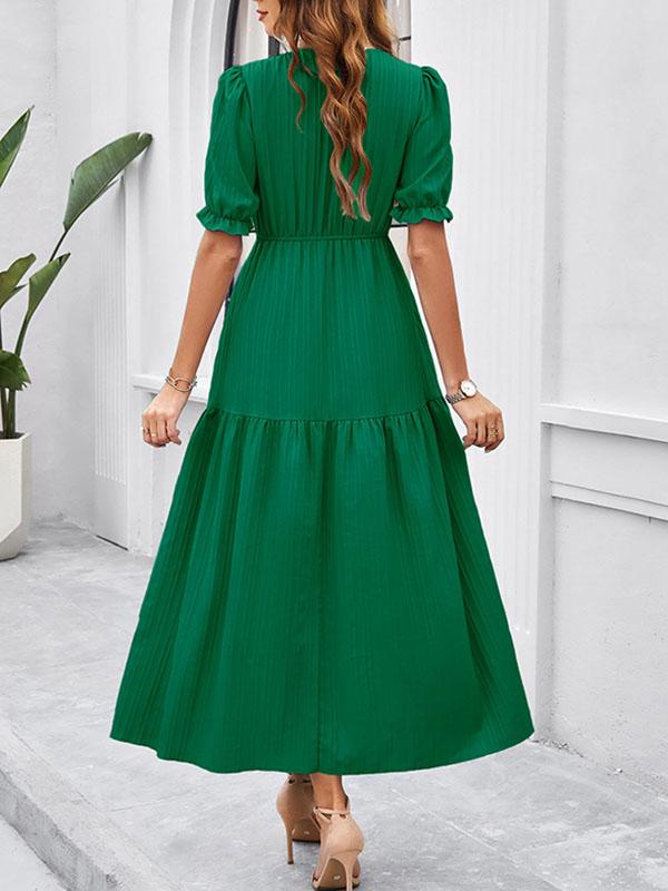 A-Line High Waisted Elasticity Pleated Solid Color Split-Joint V-Neck Midi Dresses Product Image