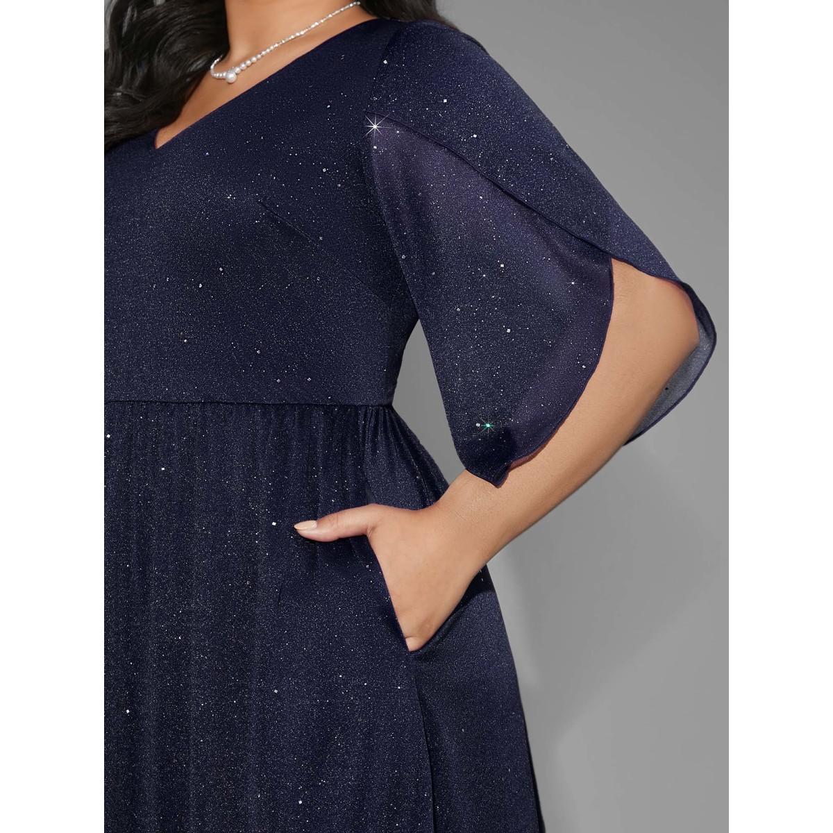 Plus Size Glitter Mesh Petal Sleeve Midi Dress Midnight Women Party&Cocktail Texture Party Curvy Bloomchic 14-16/1X Product Image