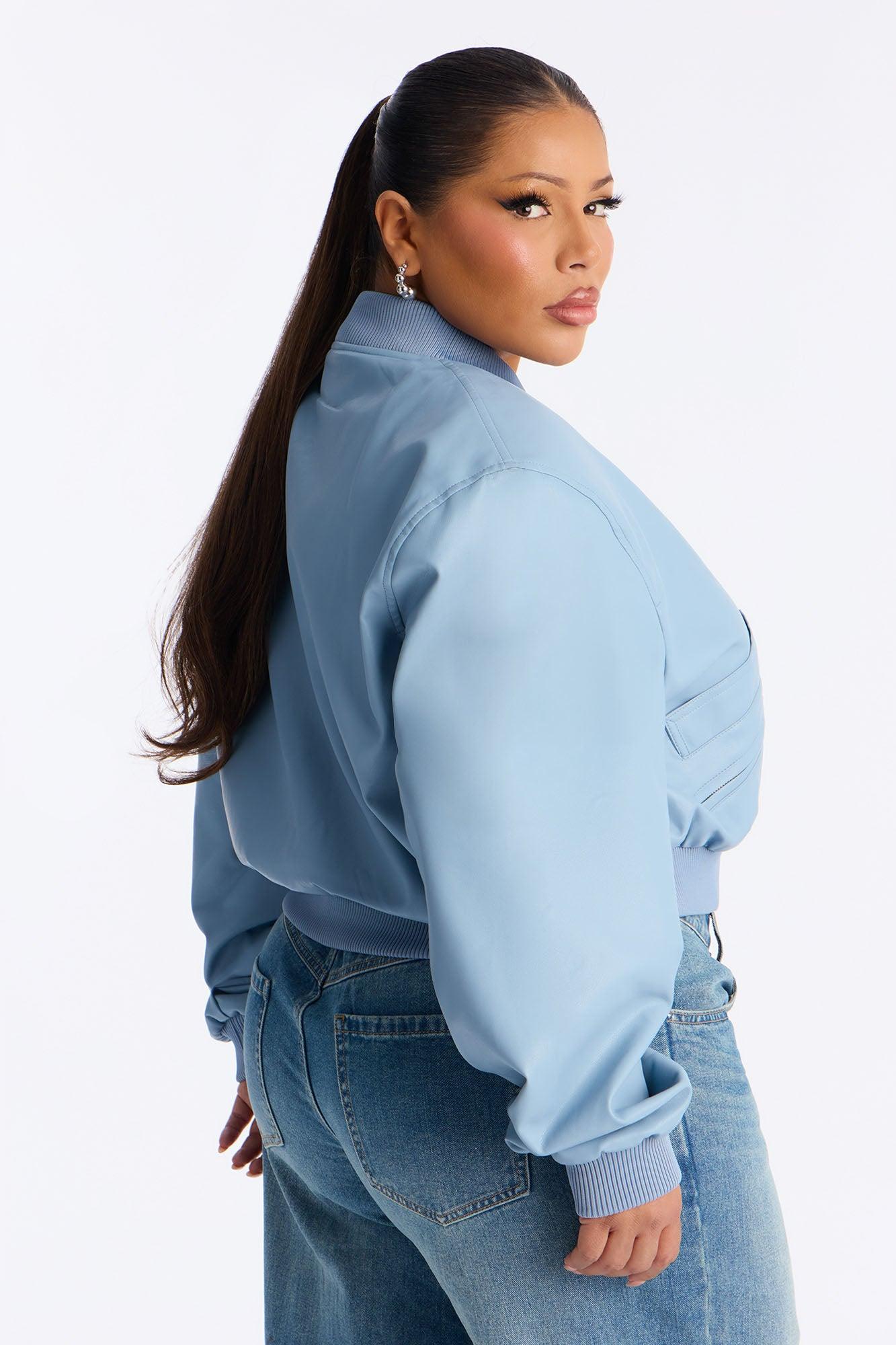 Ashton Faux Leather Shoulder Pad Bomber Jacket - SkyBlue Female Product Image