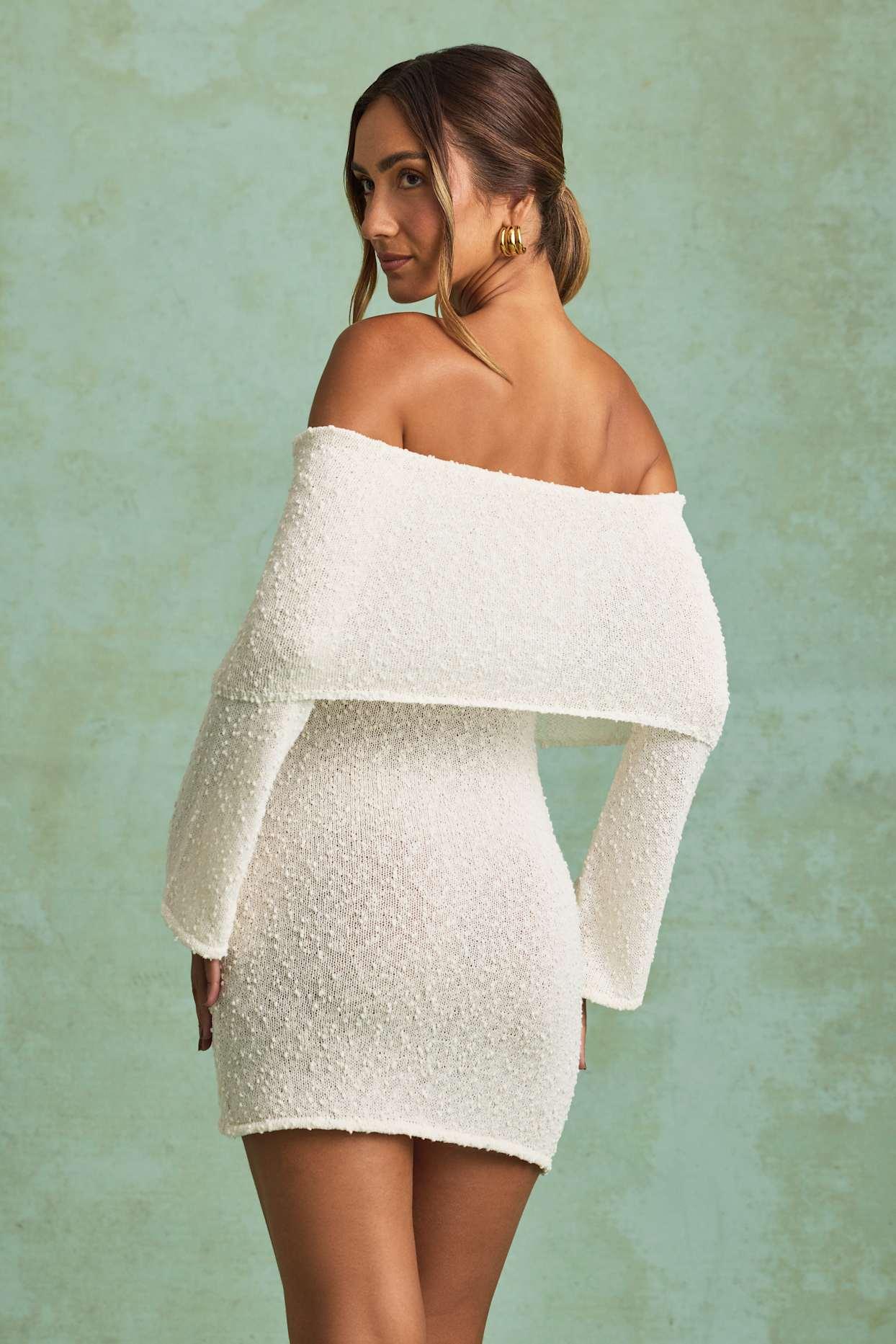 Bouclé Off-Shoulder Mini Dress in White Product Image