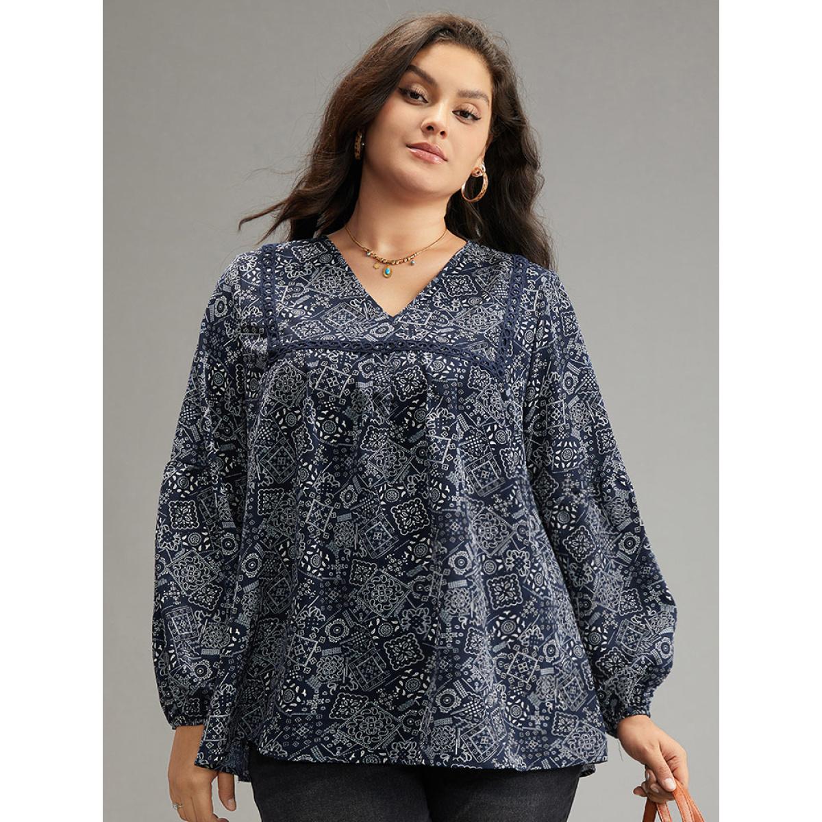 Plus Size Indigo Bandana Lace Insert Lantern Sleeve Blouse Women Resort Long Sleeve V-neck Vacation Blouses BloomChic 10/M Product Image