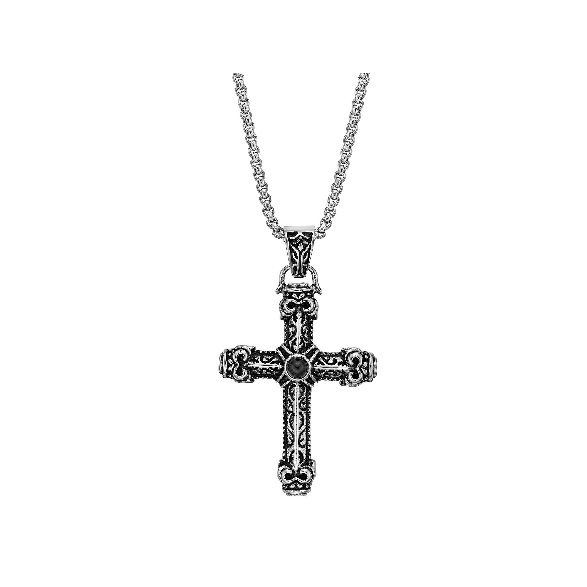 LYNX Men's Black Ion-Plated Stainless Steel Black Agate Cross Pendant Necklace, Size: 22" Product Image