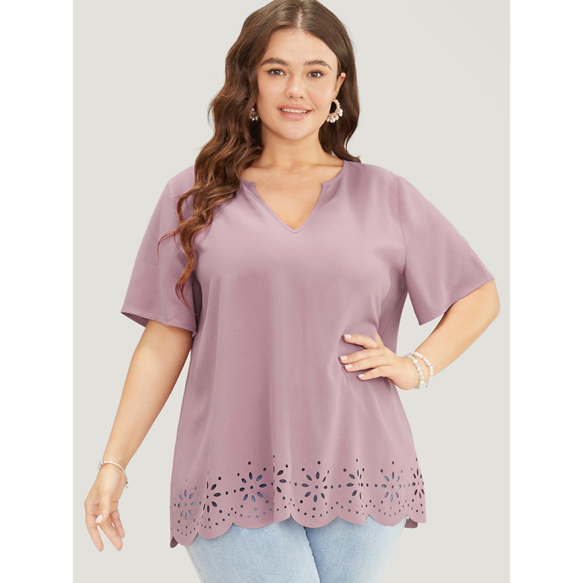 Plus Size Mauve Plain Laser Cut Notched Scalloped Hem Blouse Women Elegant Short sleeve Notched collar Dailywear Blouses BloomChic 10/M Product Image