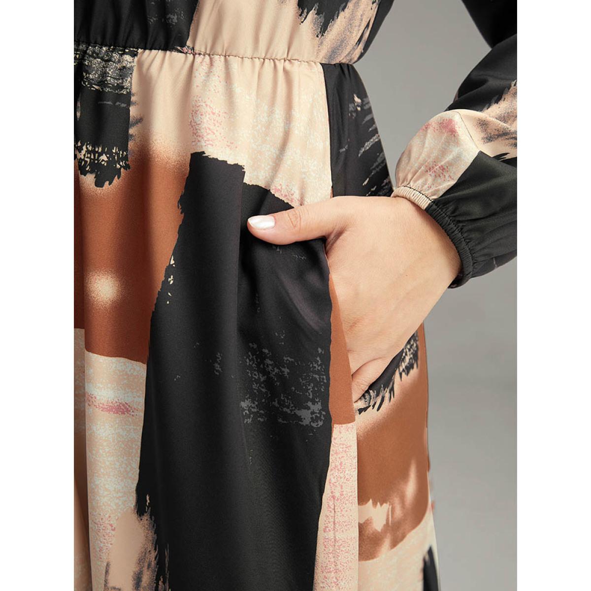 Plus Size Brush Print Contrast Elastic Waist Button Through Dress Multicolor Women Office Elastic cuffs Shirt collar Long Sleeve Curvy Midi Dress BloomChic 12/L Product Image