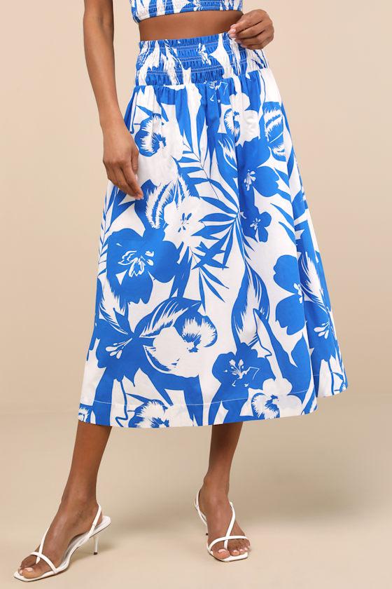 Luana Blue and White Floral High-Rise Midi Skirt Product Image