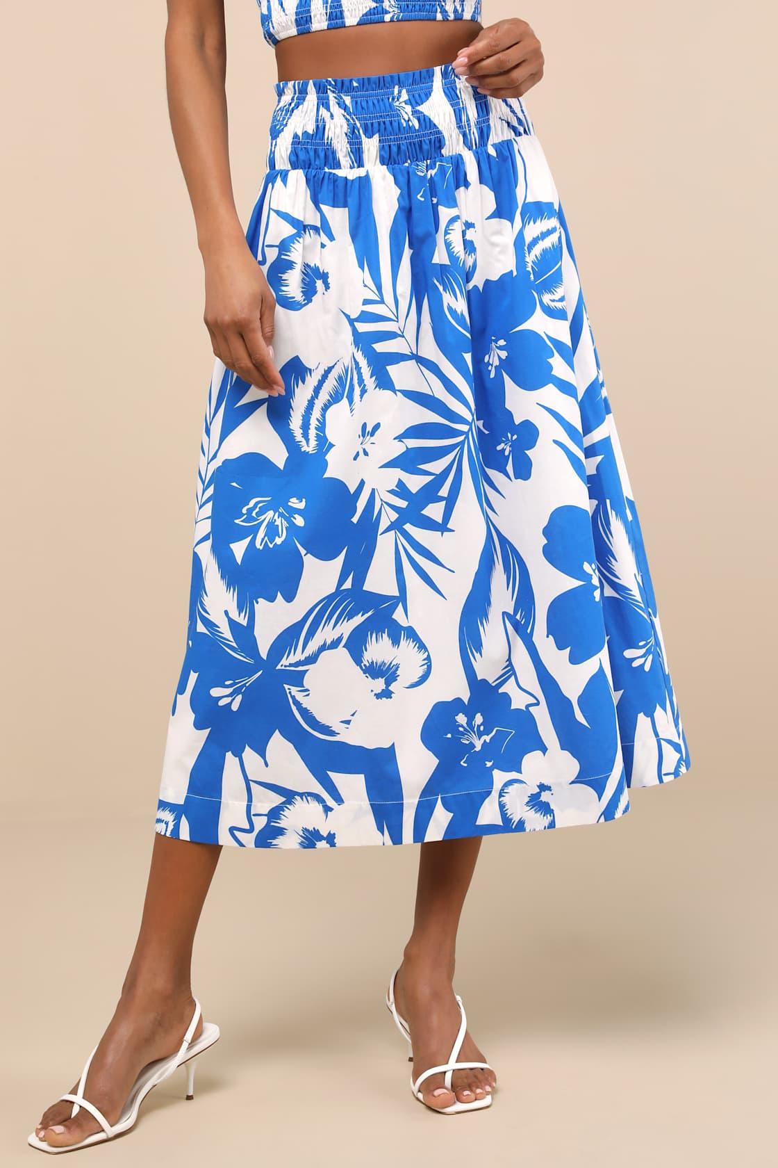 Luana Blue and White Floral High-Rise Midi Skirt Product Image