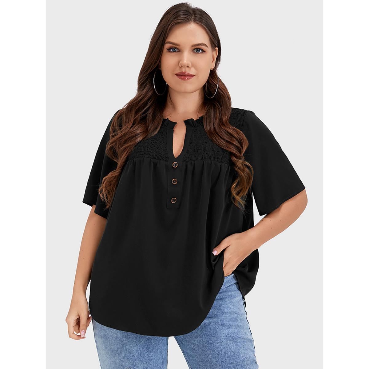 Plus Size Black Solid Shirred Frill Trim Button Notched Neck Blouse Women Elegant Short sleeve Dailywear Blouses BloomChic 10/M Product Image