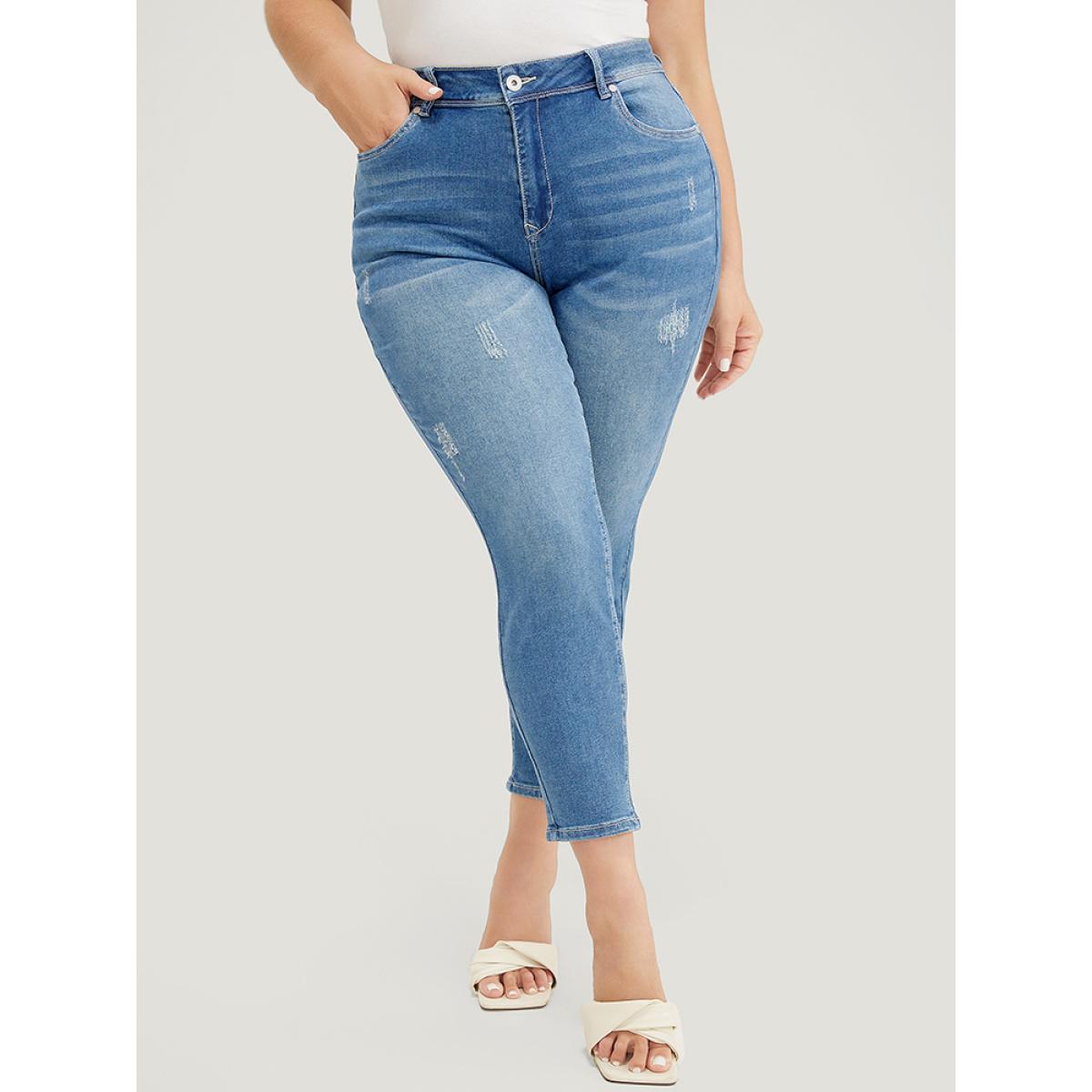 Plus Size Moderately Stretchy High Rise Dark Wash Cropped Jeans Women DarkBlue Casual Plain Medium stretch Side seam pocket Jeans BloomChic 20/2X Product Image