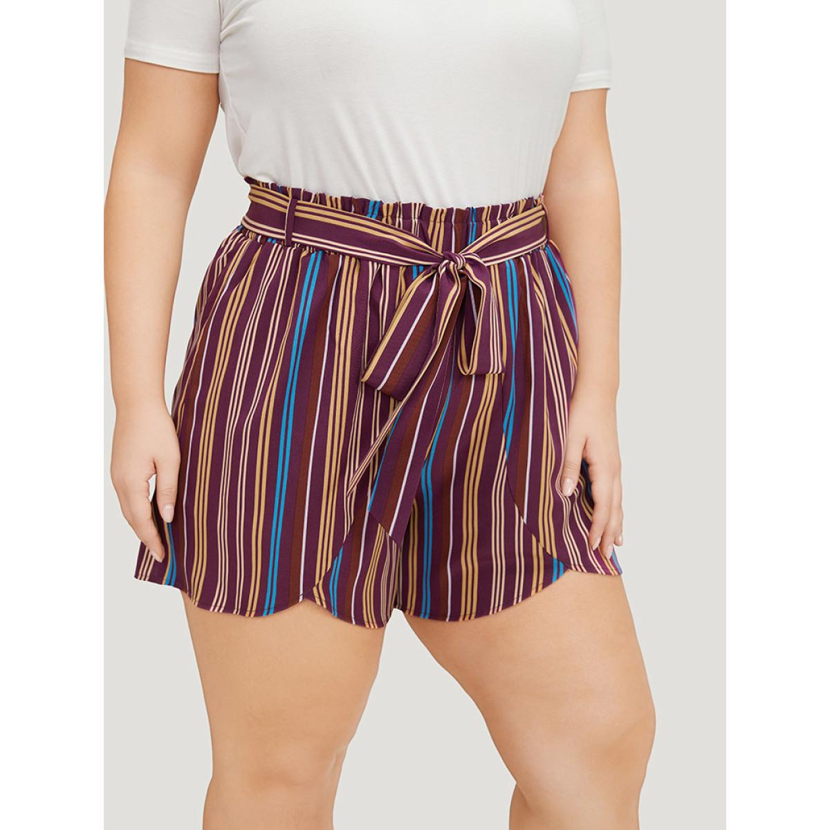 Plus Size Colour Striped Print Belted Wrap Hem Shorts Women Multicolor Vacation Cross straps Dailywear Shorts BloomChic 22-24/3X Product Image