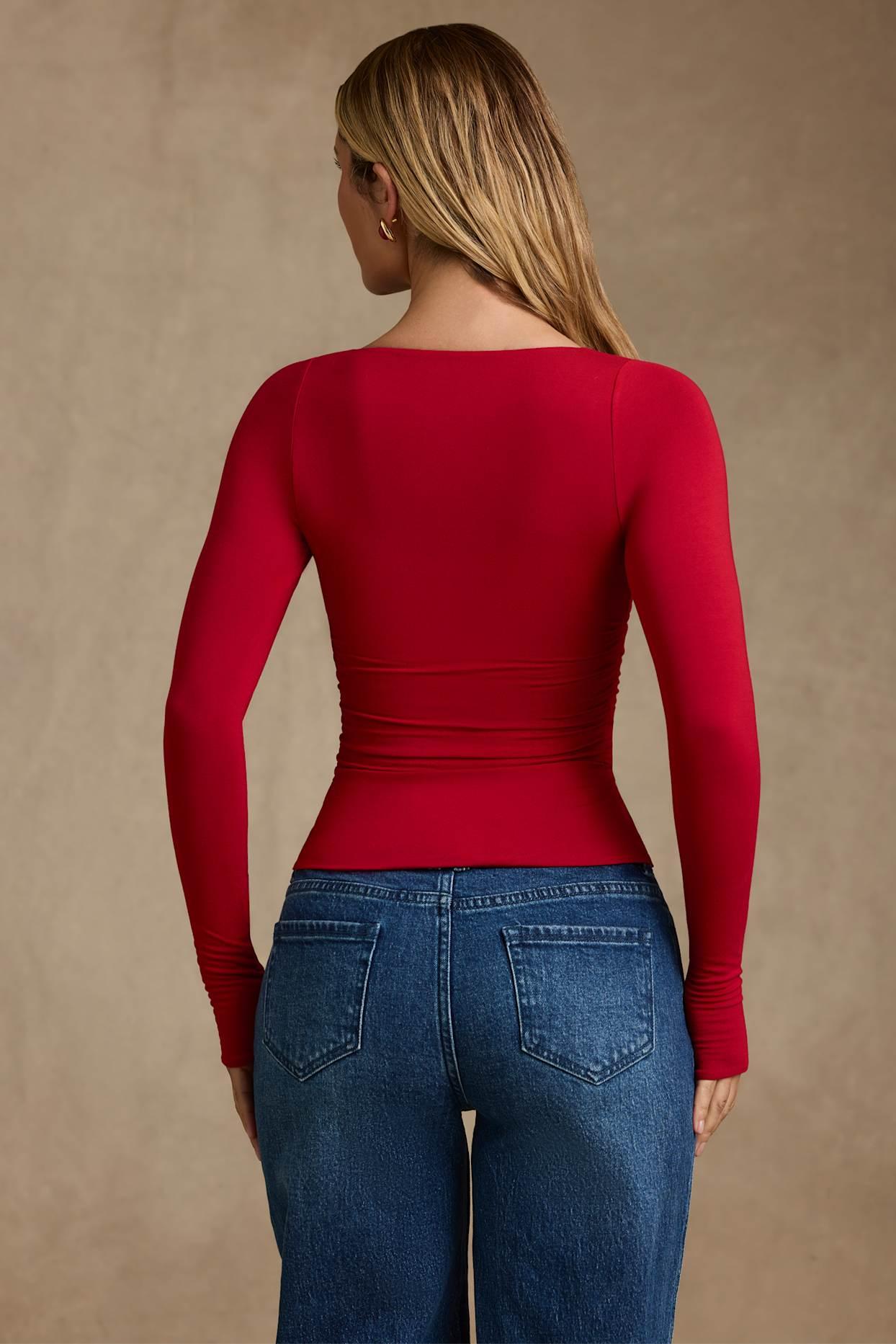 Modal Ruched Long-Sleeve Top in Red Product Image