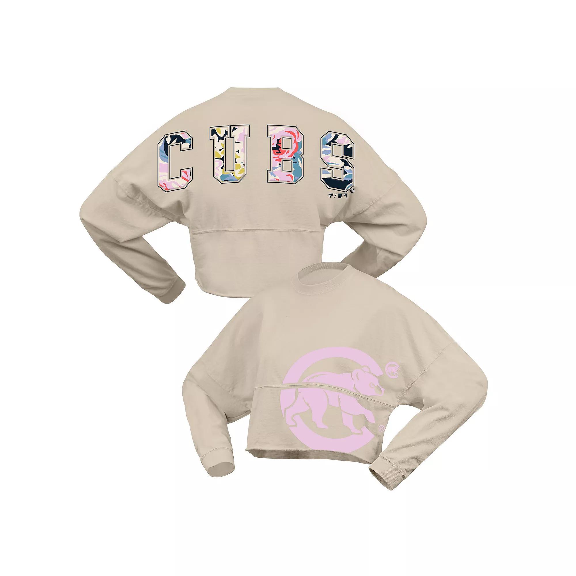 Women's Fanatics Cream Chicago Cubs Floral Preppy Cropped Long Sleeve T-Shirt,  Product Image