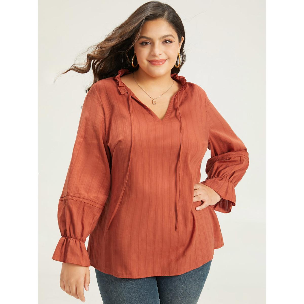 Plus Size OrangeRed Plain Tie Neck Textured Ruffle Trim Blouse Women Elegant Long Sleeve Tie Neck Dailywear Blouses BloomChic 14-16/1X Product Image