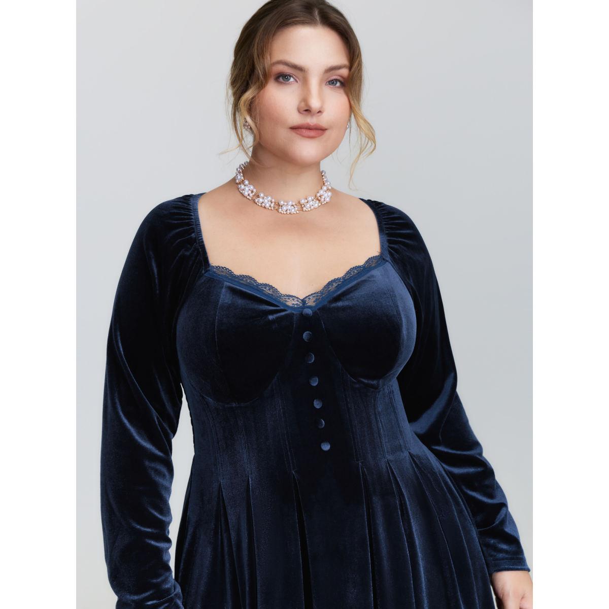 Plus Size Velvet Lace Trim Stitch Shirred Midi Dress Indigo Women Retro Gathered Square Neck Long Sleeve Curvy BloomChic 30/6X Product Image