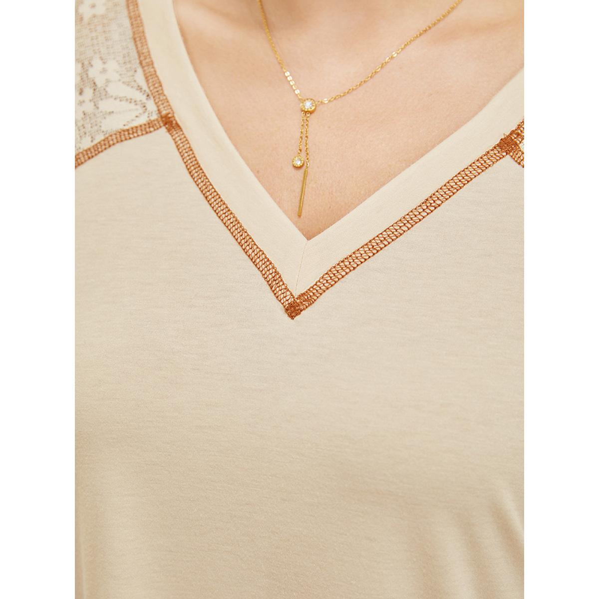 Plus Size Floral Lace Insert Stitch Trim T-shirt Beige Women Elegant Plain V-neck Dailywear T-shirts BloomChic 28/5X Product Image