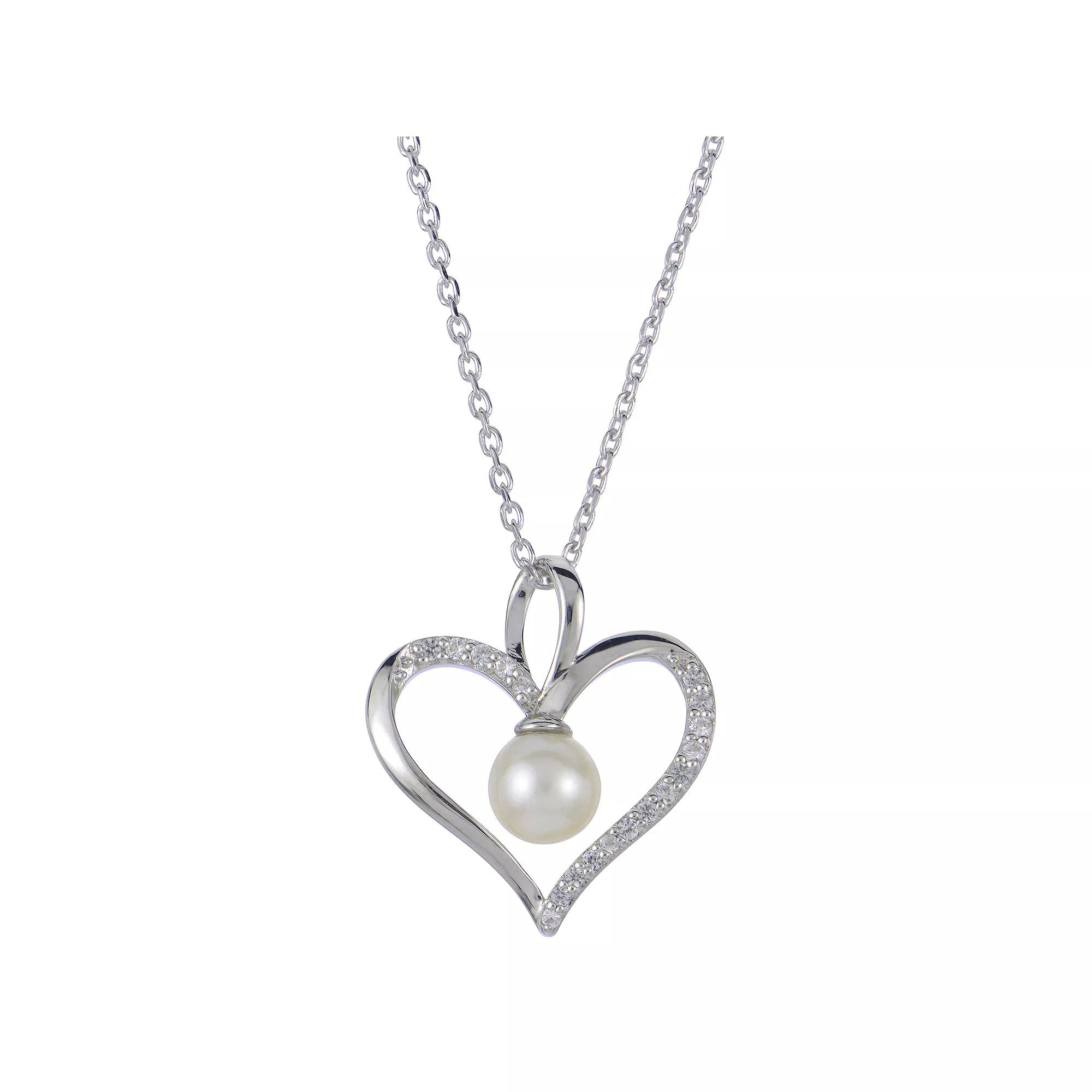 PearLustre by Imperial Sterling Silver Freshwater Cultured Pearl & Lab-Created White Sapphire Heart Pendant Necklace, Womens Product Image