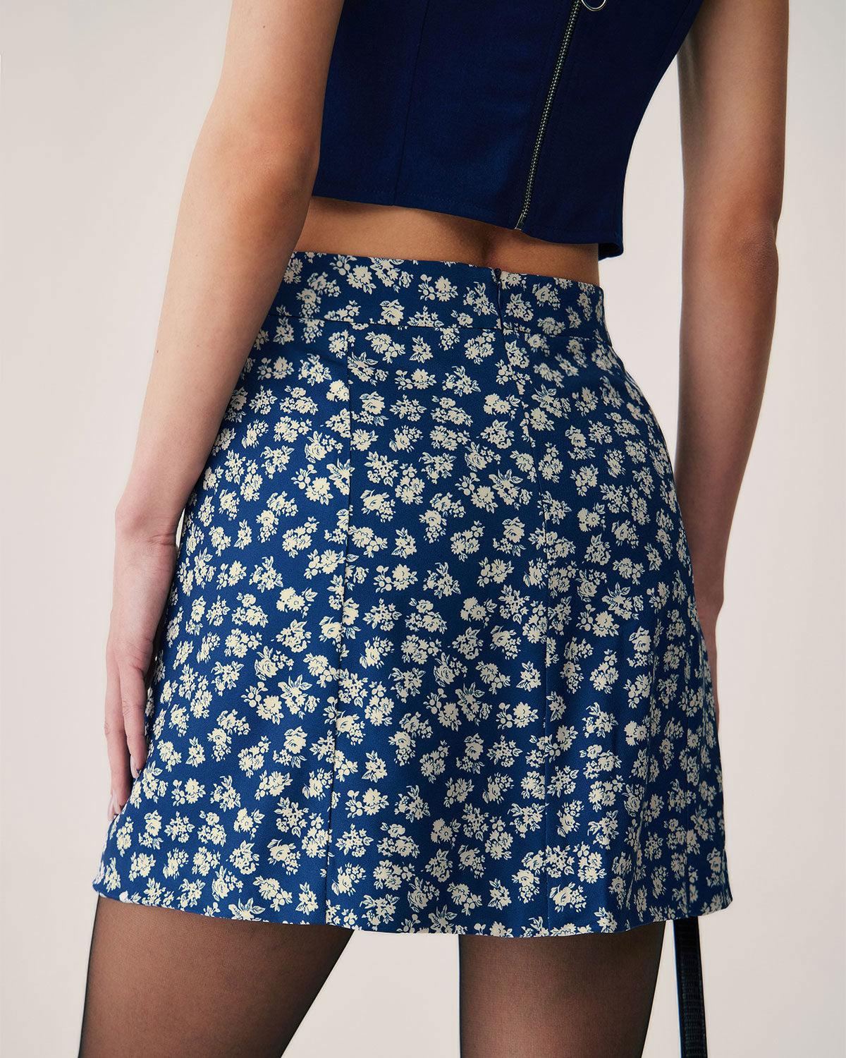 Navy Floral A-Line Mini Skirt Product Image