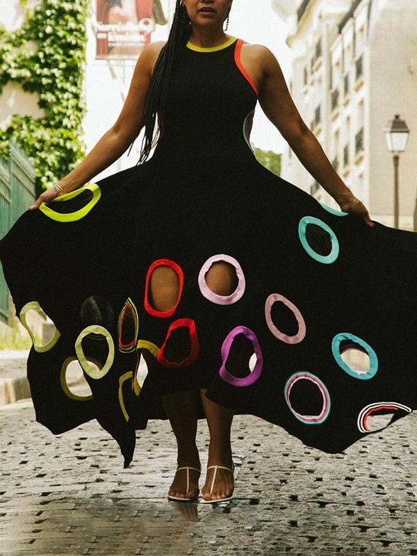 A-Line High Waisted Contrast Color Hollow Round-Neck Maxi Dresses Product Image