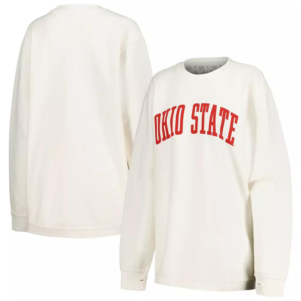 Women's Pressbox White Ohio State Buckeyes Comfy Corded Vintage Wash Basic Arch Pullover Sweatshirt,  Product Image