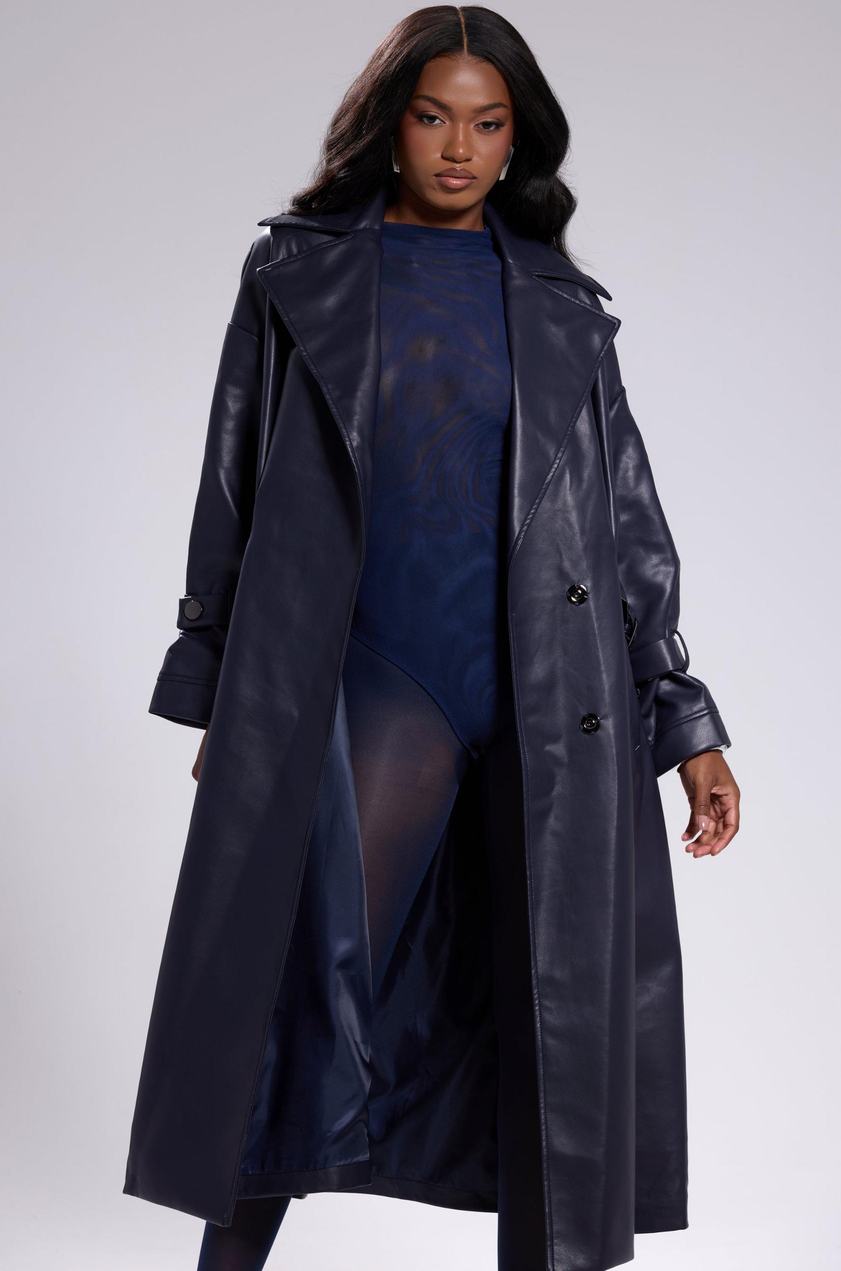 ALINNA FAUX LEATHER TRENCH IN NAVY Product Image