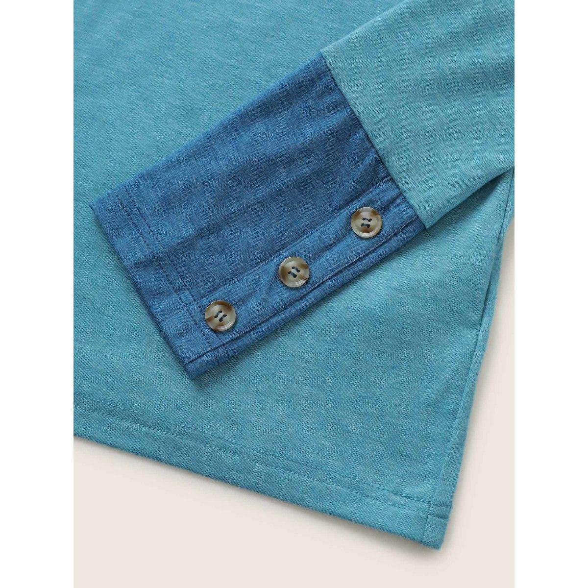 Plus Size Contrast Patchwork Button Detail T-shirt LightBlue Women Casual Contrast Plain V-neck Everyday T-shirts BloomChic 14-16/1X Product Image