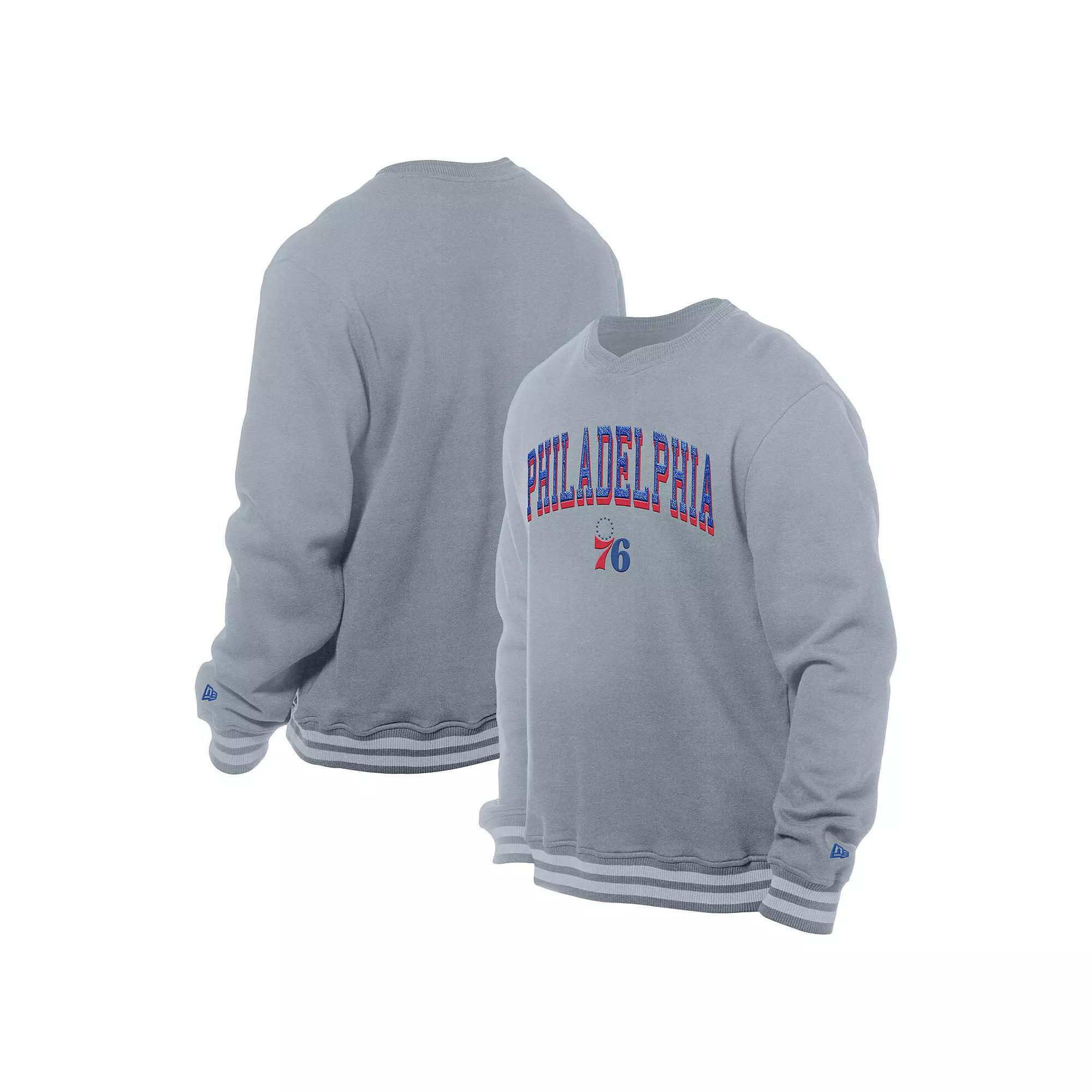 Men's New Era Gray Philadelphia 76ers Chenille Cross Over Pullover Sweatshirt,  Product Image