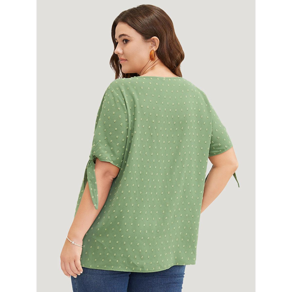 Plus Size Moss Polka Dot Knotted Sleeve Lace Blouse Women Elegant Short sleeve V-neck Dailywear Blouses BloomChic 10/M Product Image