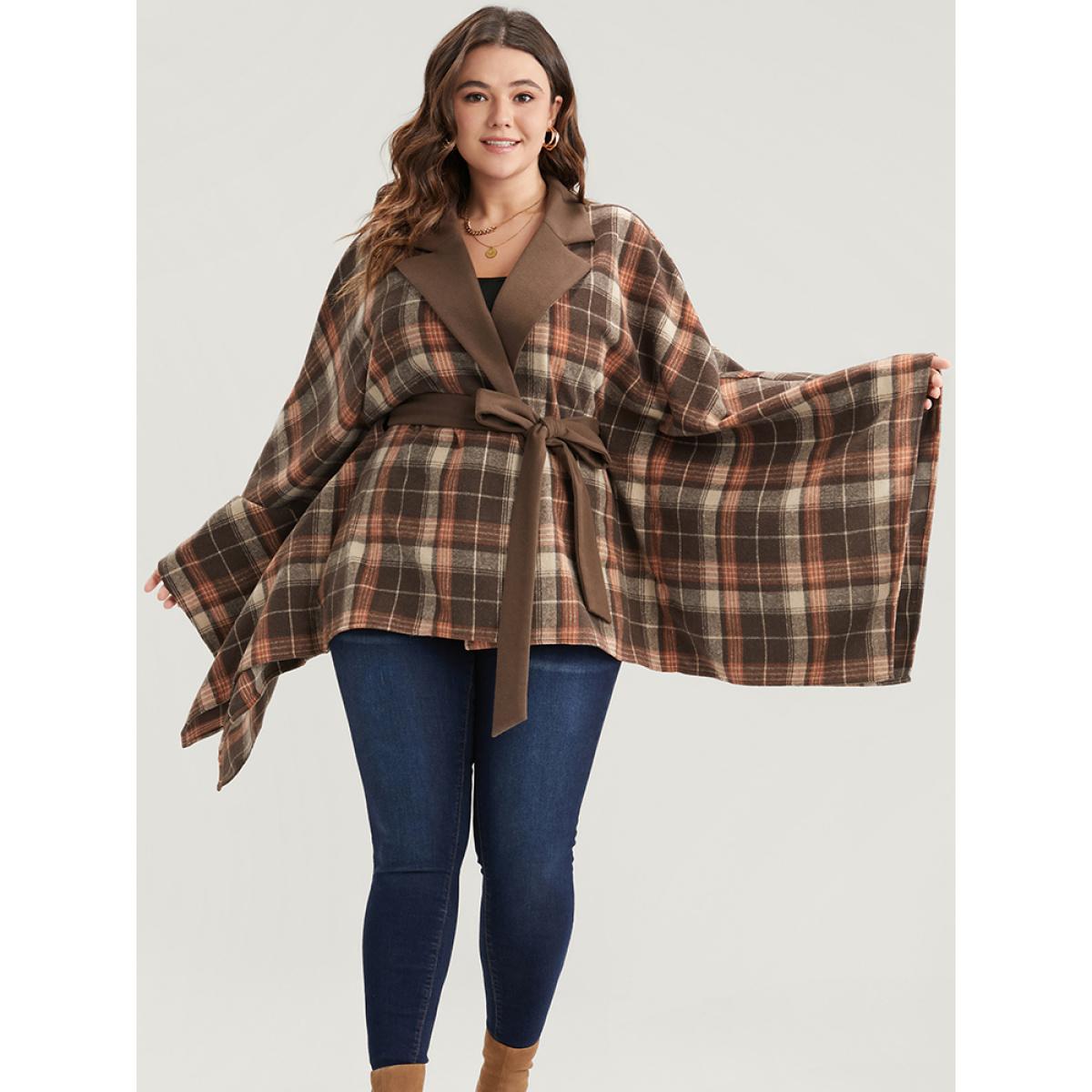 Plus Size Plaid Contrast Suit Collar Dolman Sleeve Belted Coat Women DarkBrown Elegant Belted Loose Ladies Dailywear Winter Coats BloomChic 12/L Product Image