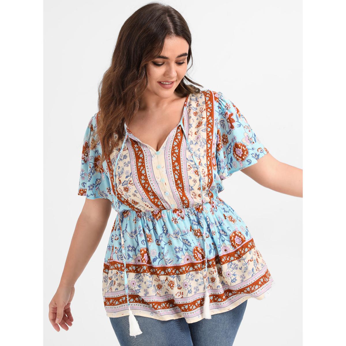 Plus Size LightBlue Floral Ruffled Ties V Neck Blouse Women Vacation Short sleeve V-neck Dailywear Blouses BloomChic 12/L Product Image
