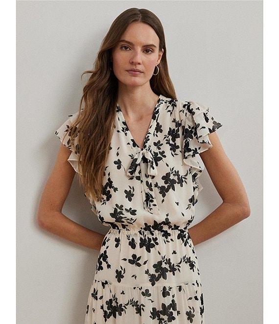 Lauren Ralph Lauren Crinkle Georgette Floral Print V-Neck Cap Sleeve Maxi A-Line Dress Product Image