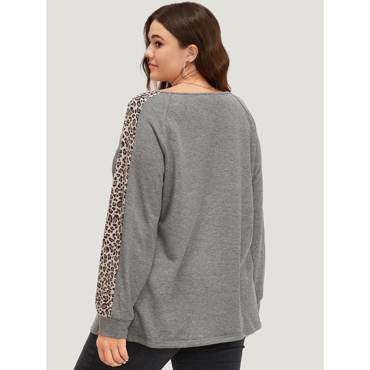 Plus Size Leopard Patchwork Notched Raglan Sleeve Sweatshirt Women Gray Casual Patchwork Notched collar Dailywear Sweatshirts BloomChic 18-20/2X Product Image