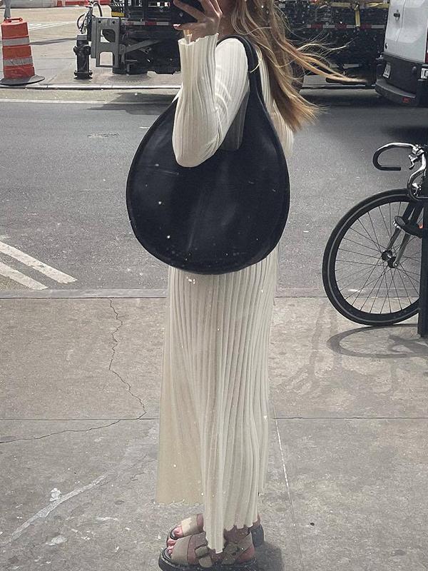Solid Color Wide Ribbed Design Slim Knit Maxi Dress Product Image