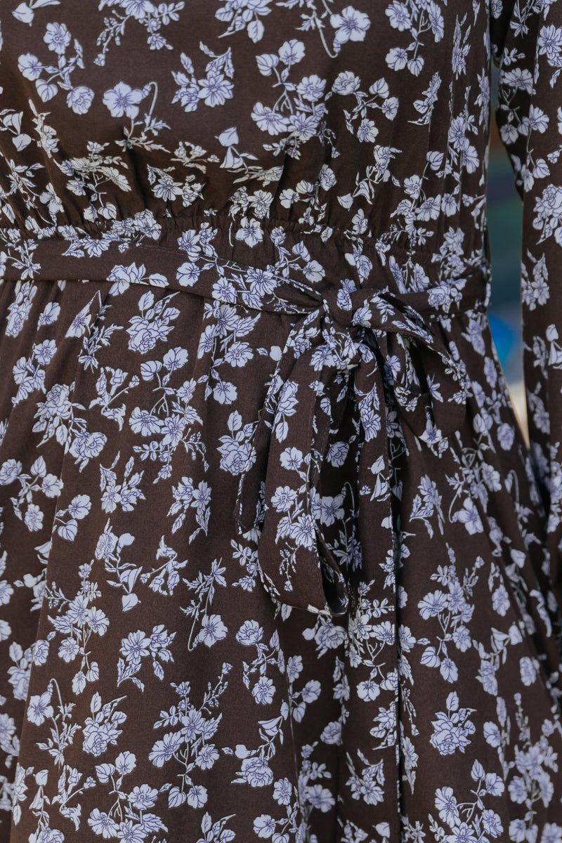 Brown Floral Tie Waist Mini Dress Product Image