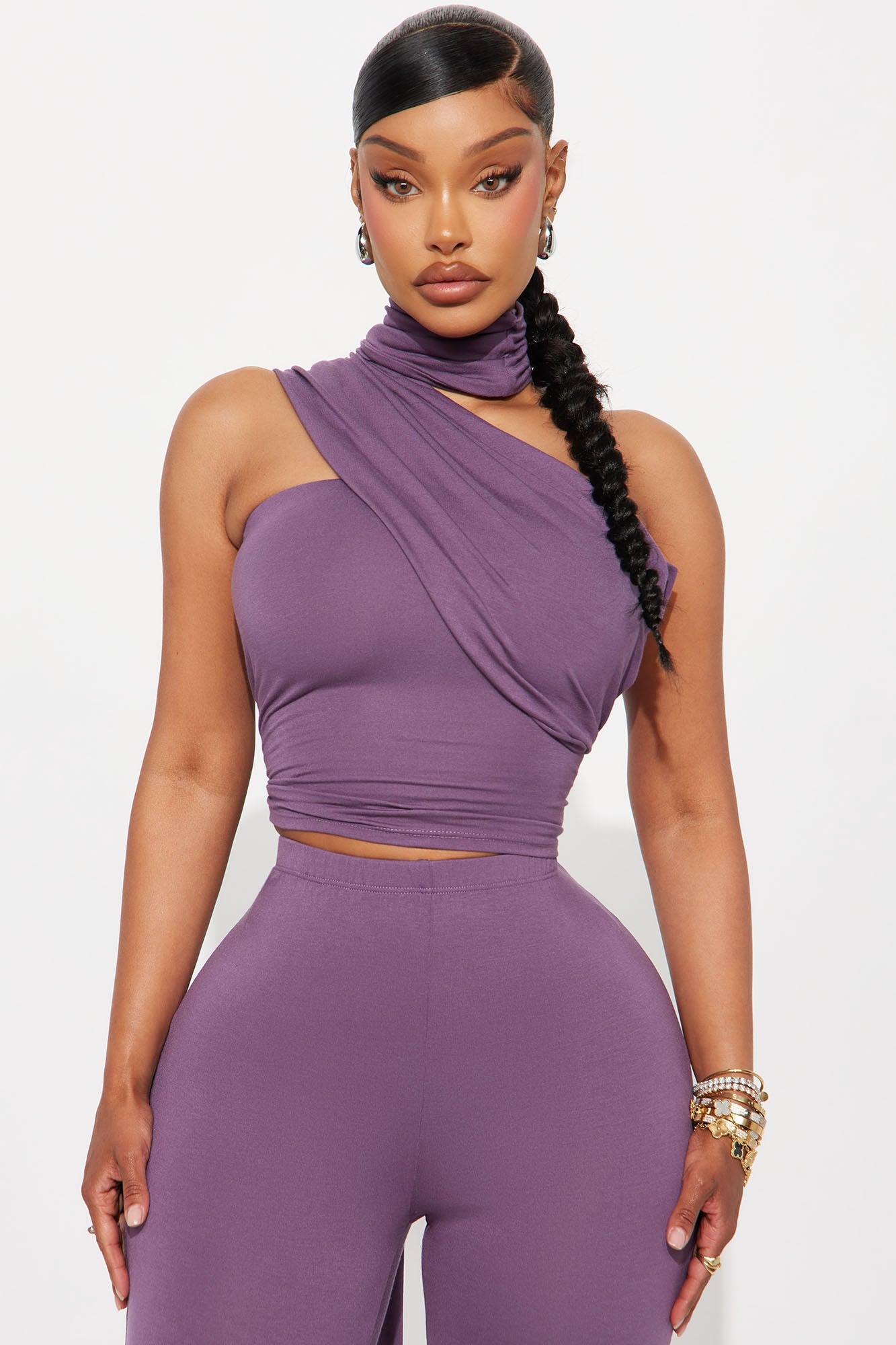 Talk To Me One Shoulder Scarf Top Pant Set - Purple Female Product Image