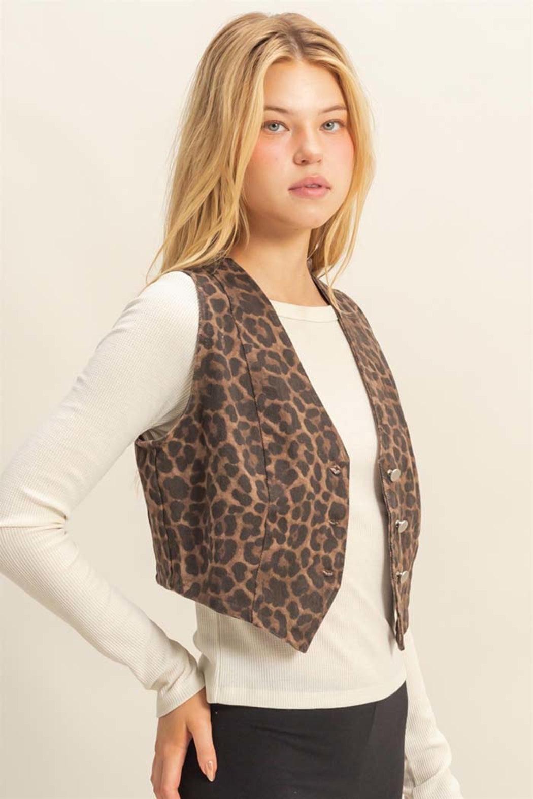 Chic Leopard Print Denim Vest Product Image