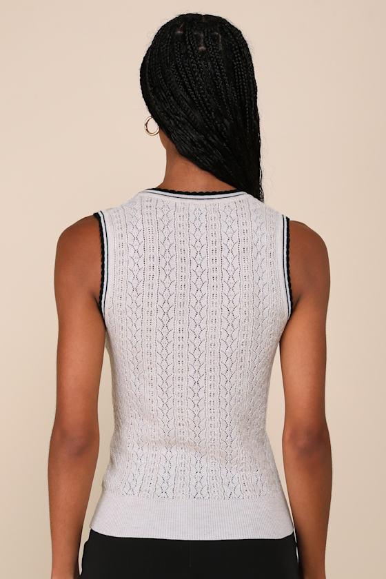 Enhanced Style Beige and Black Pointelle Sweater Vest Top Product Image