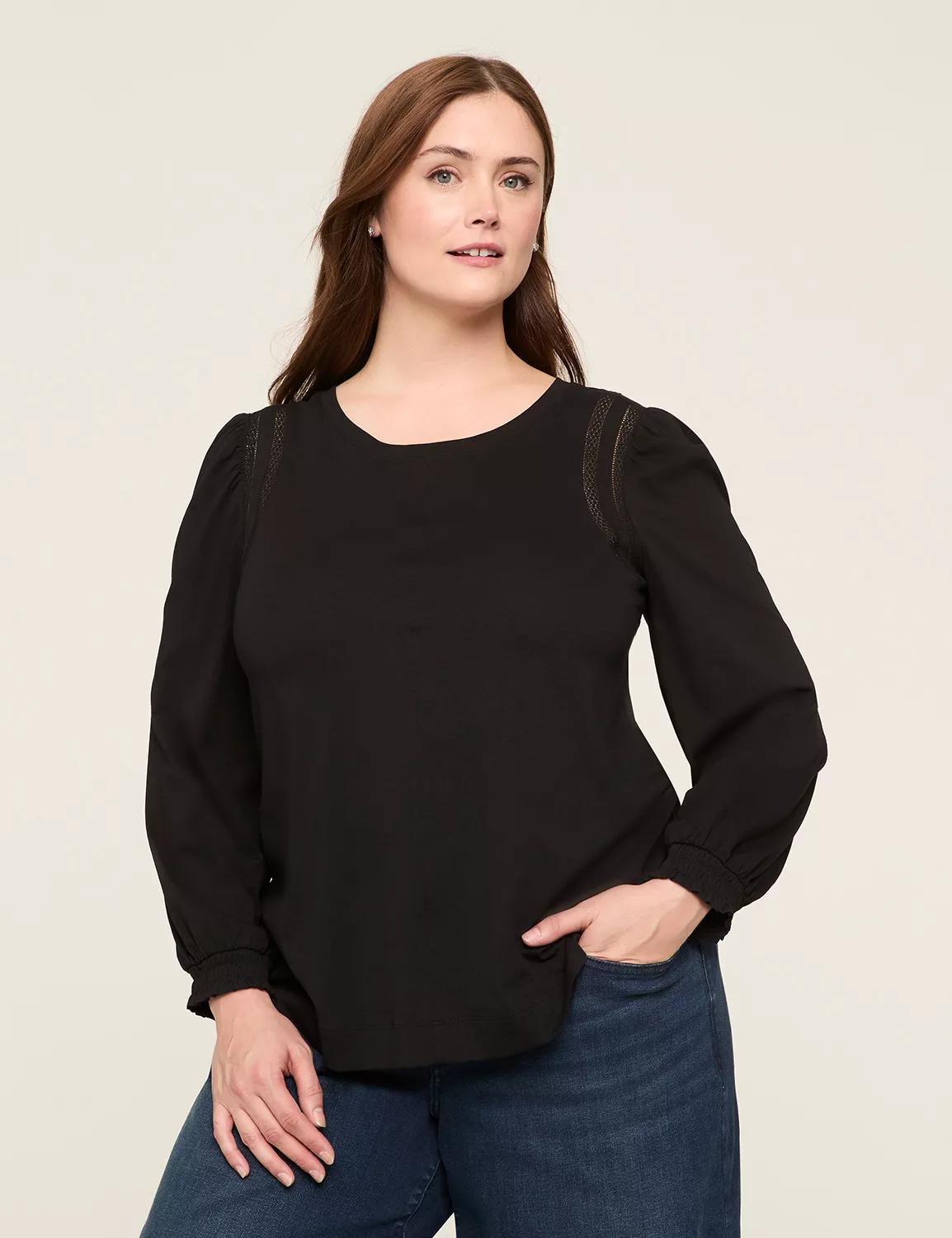 Smocked-Cuff Crochet-Trim Top Product Image