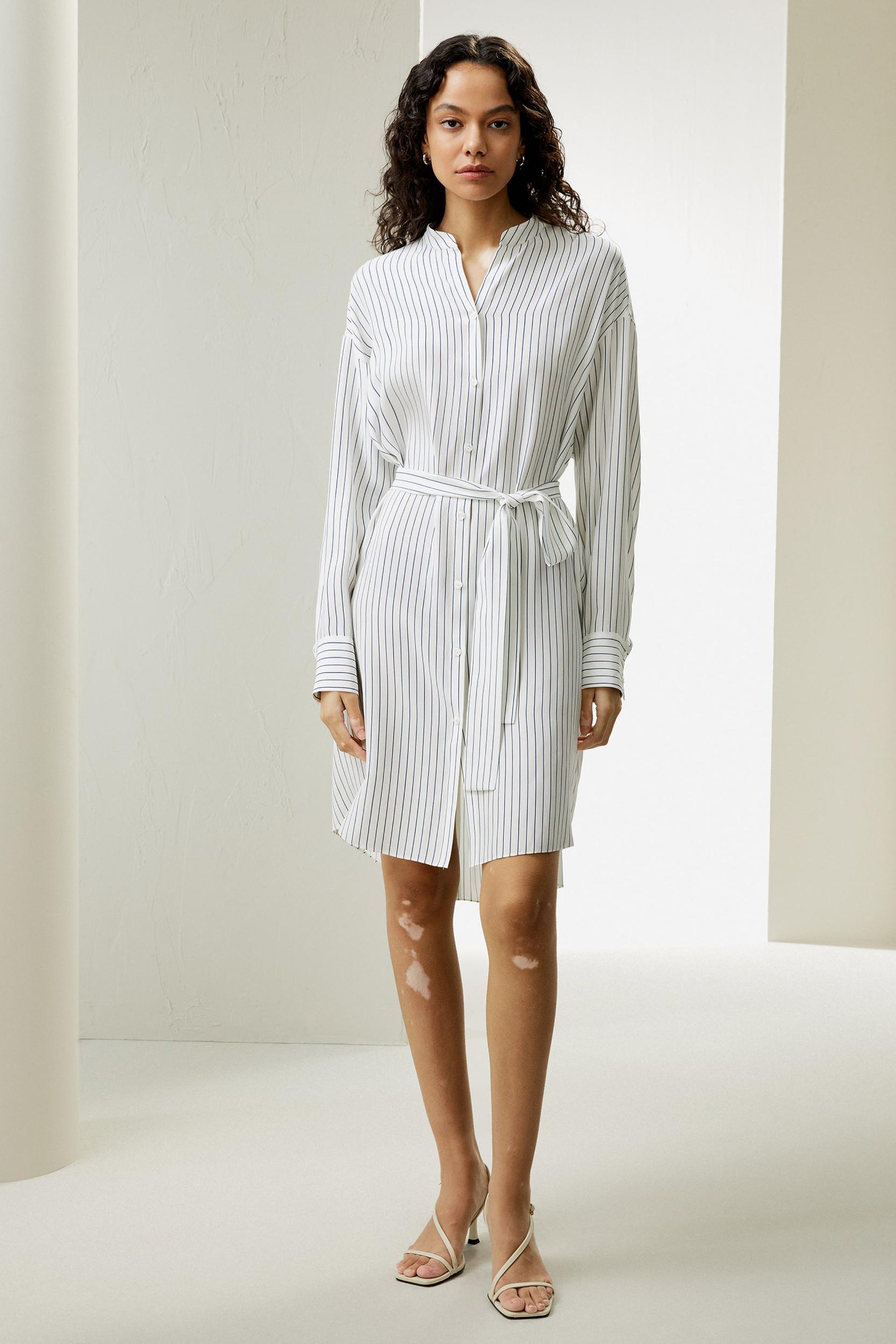 Pinstriped Silk Shirtdress with Belt Product Image